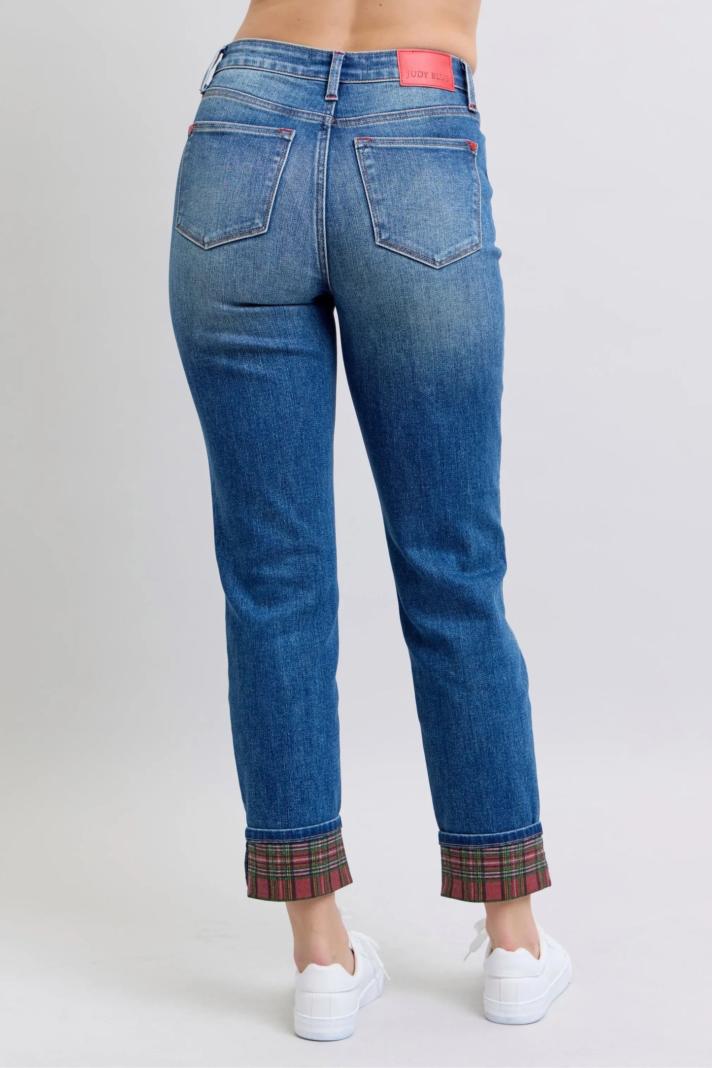 Judy Blue Full Size Mr Plaid Print Cuff Bf Jeans Plus Size - Fashorio
