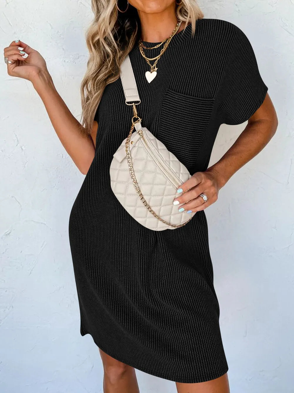 Lovelet Round Neck Mini Dress – Short Sleeve Everyday Style Black - Fashorio