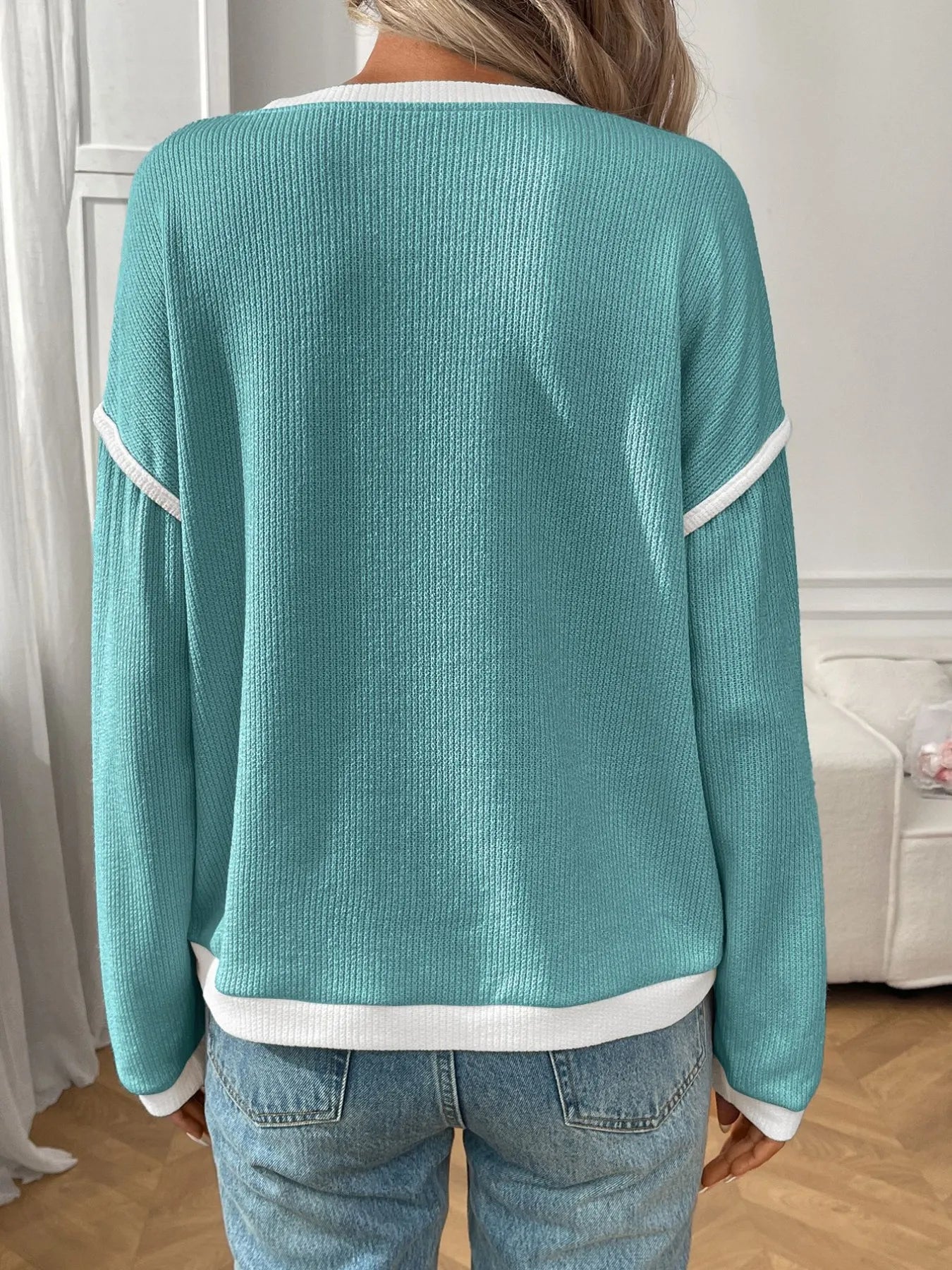 Ribbed Contrast Trim Long Sleeve Top - Fashorio