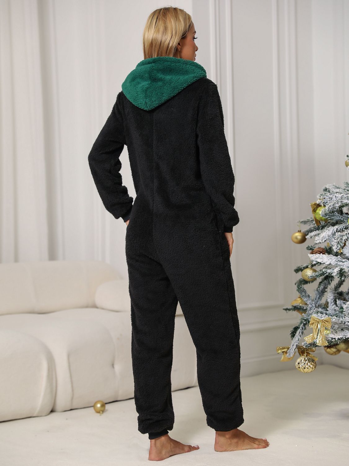 Pom-Pom Trim Zip Front Hooded Lounge Jumpsuit - Fashorio