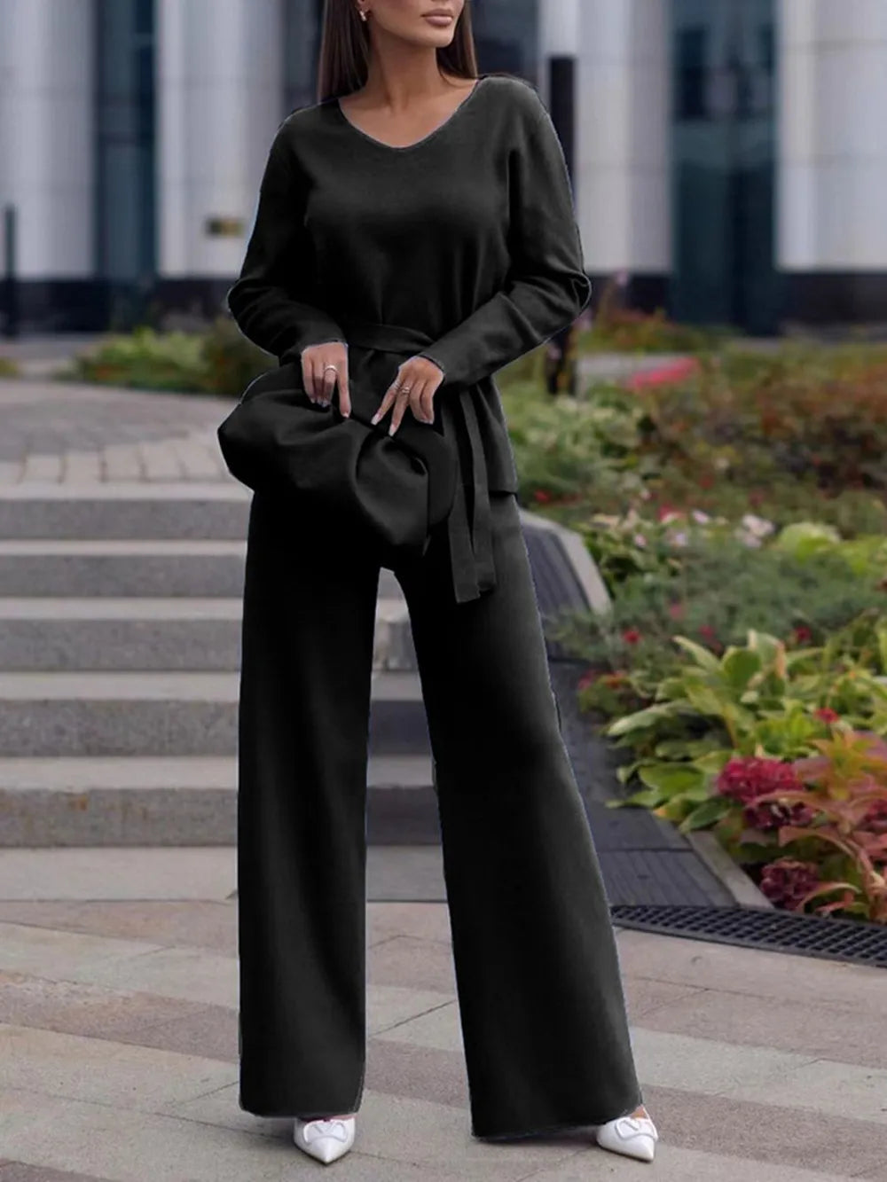 V-Neck Long Sleeve Top and Drawstring Pants Sweater Set Black One Size - Fashorio