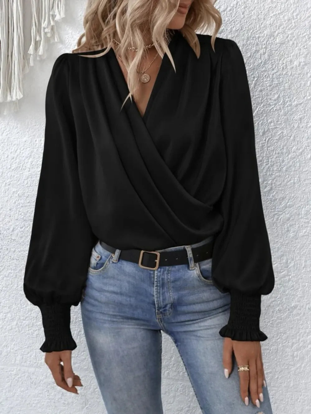 Surplice Smocked Lantern Sleeve Blouse Black - Fashorio