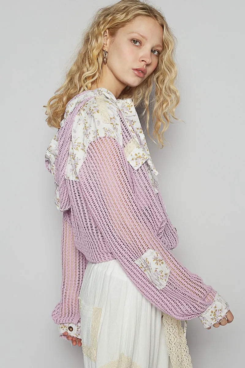 POL Vintage Washed Crochet Hoodie Jacket With Patchwork - Fashorio