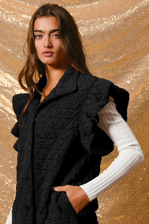 BiBi Quilting Knit Ruffle Sleeve Vest BLACK - Fashorio