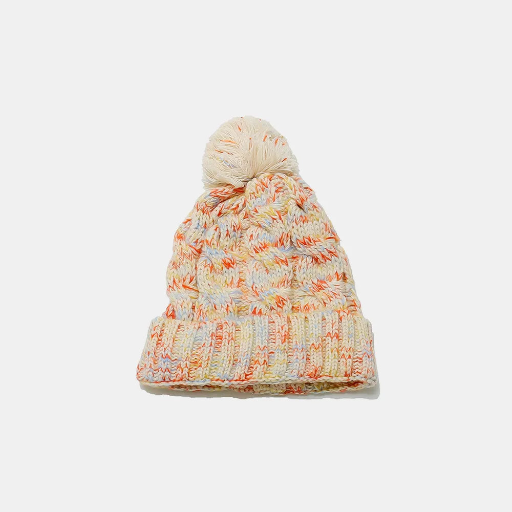 Contrast Cable-Knit Hat with Pompom Cream One Size - Fashorio