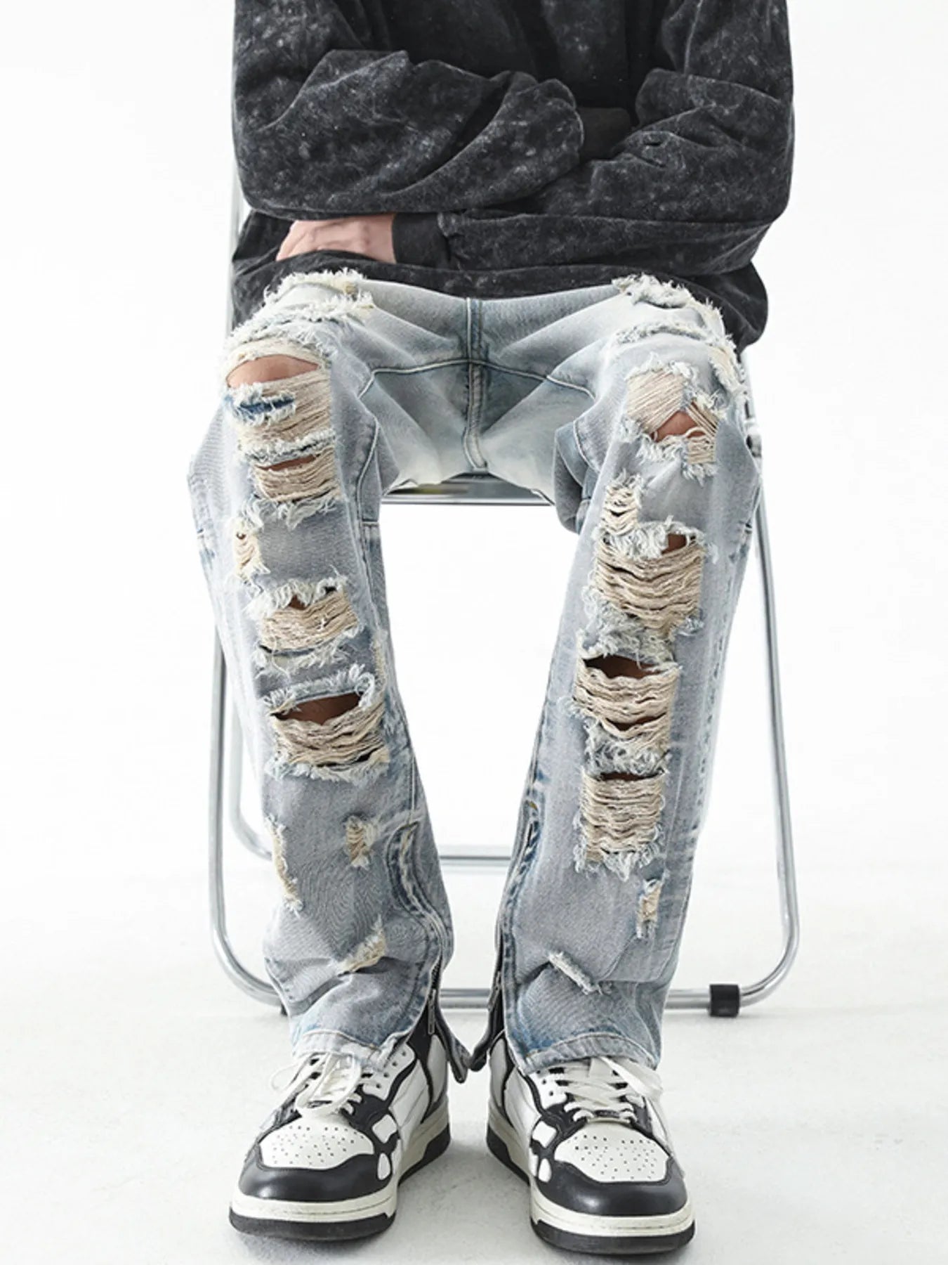 Men's Washed Distressed Straight Jeans - Fashorio