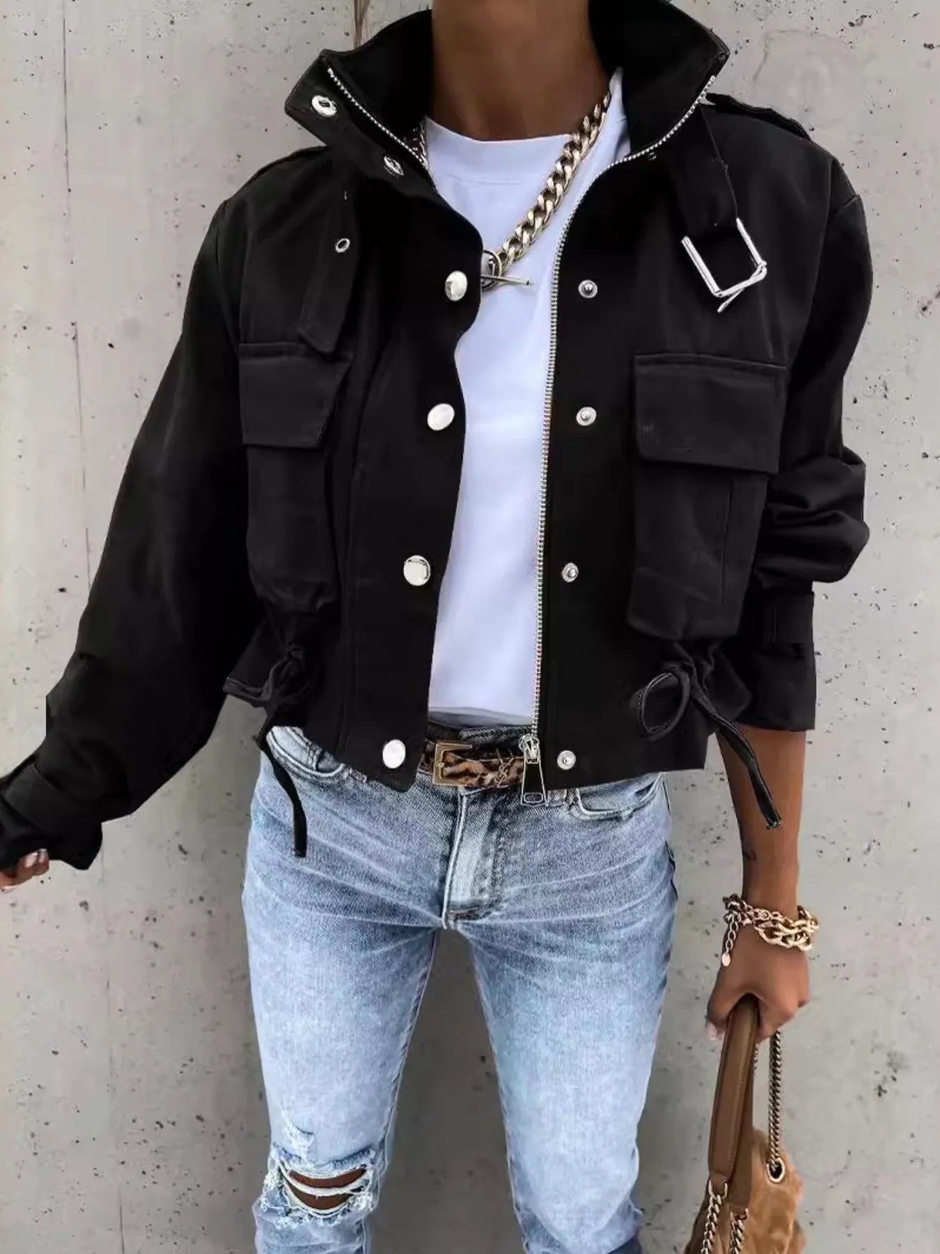 Women’s Snap Down Long Sleeve Jacket with Pockets - Fashorio
