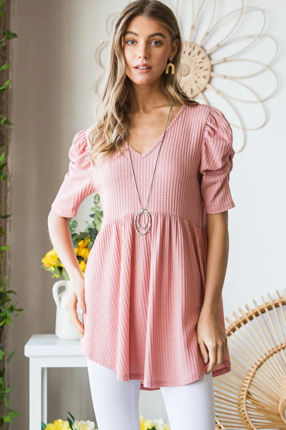 Heimish Full Size Waffle Knit V-Neck Babydoll Top - Fashorio