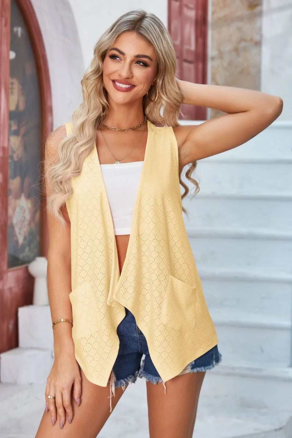 Eyelet Open Front Sleeveless Cardigan - Fashorio