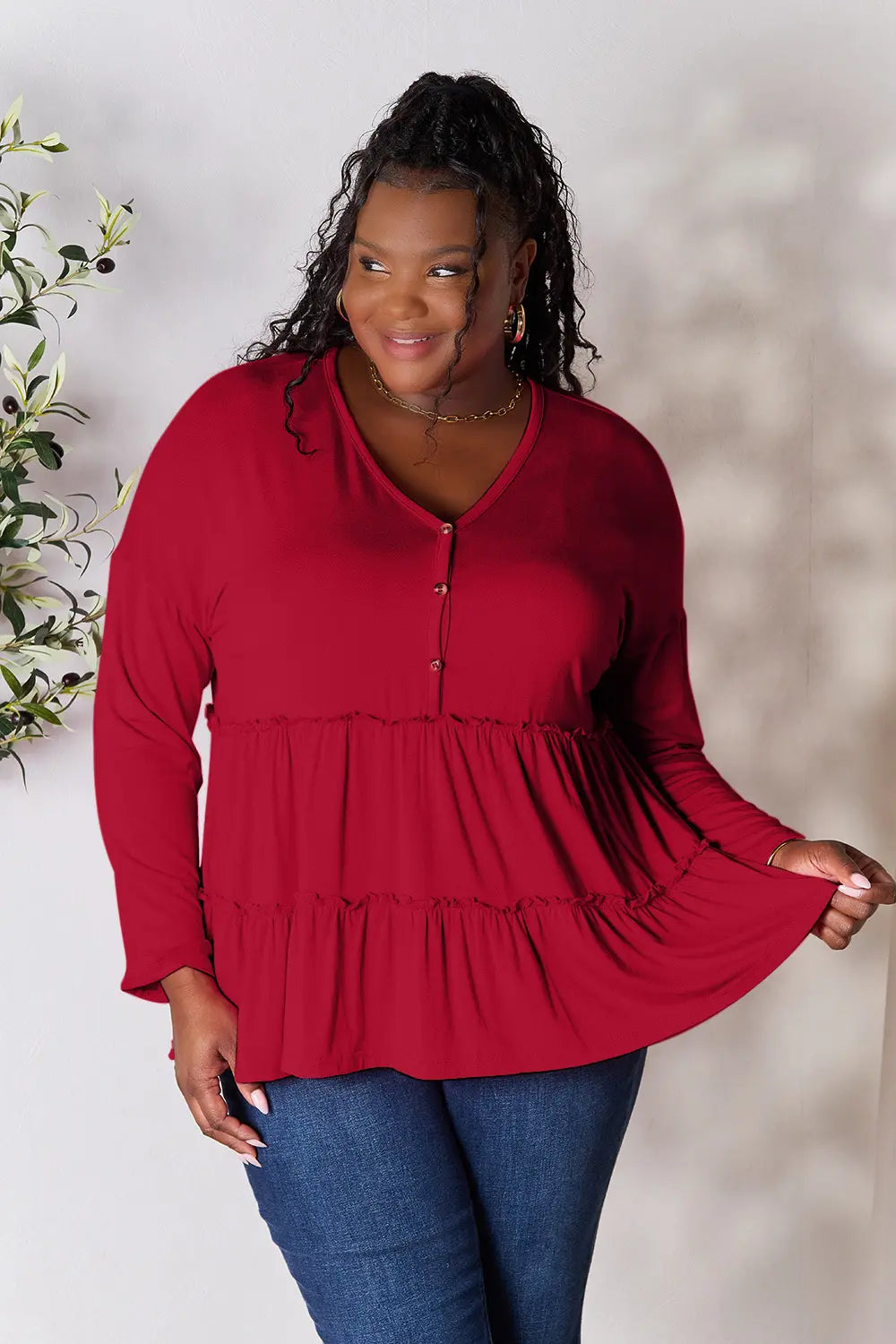 Double Take Half Button Long Sleeve Ruffle Hem Blouse - Fashorio