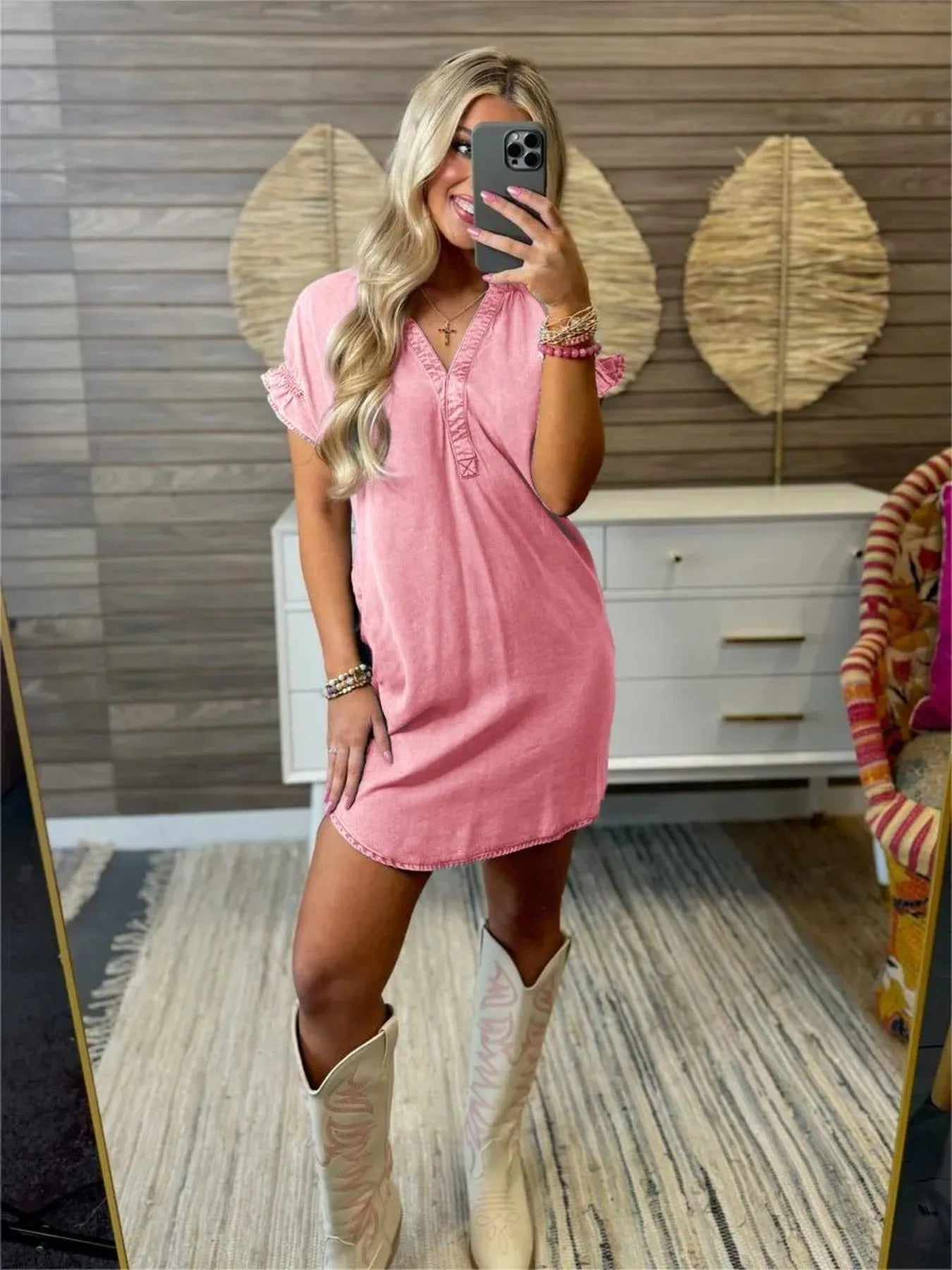 Full Size V-Neck Short Sleeve Denim Dress Plus Size Pink - Fashorio