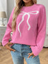 Bow Graphic Ribbed Hem Round Neck Sweater - Fashorio