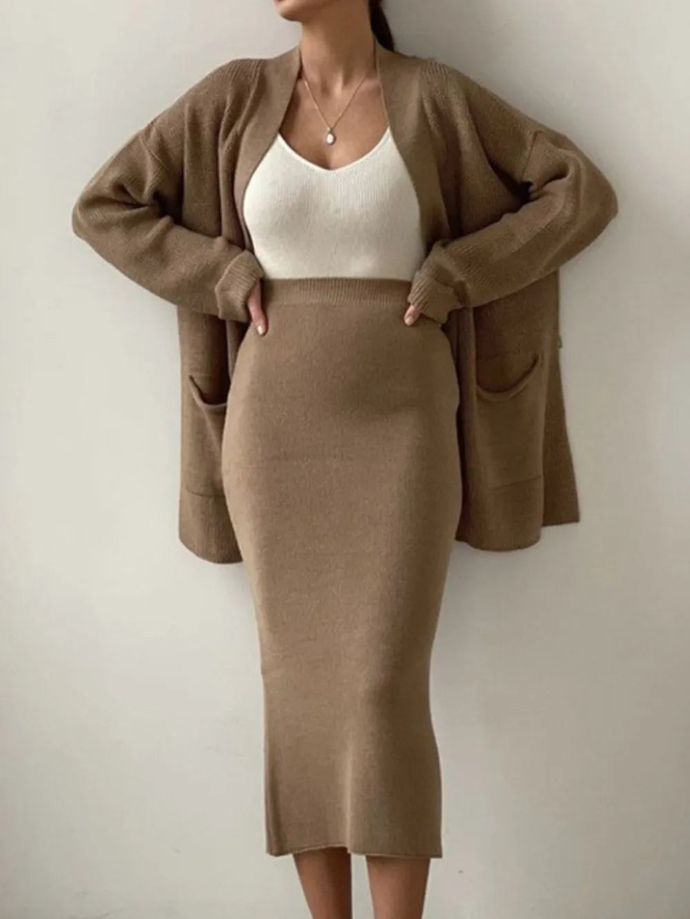 Pocketed Long Sleeve Cardigan and Skirt Sweater Set - Fashorio