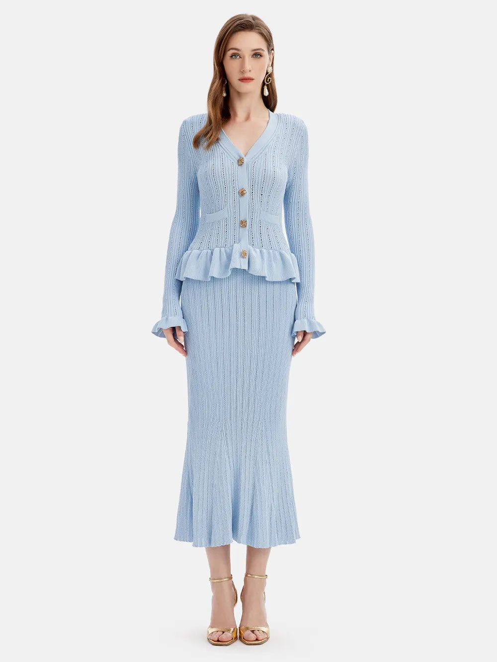 Ruffled V-Neck Top and Midi Skirt Sweater Set - Fashorio