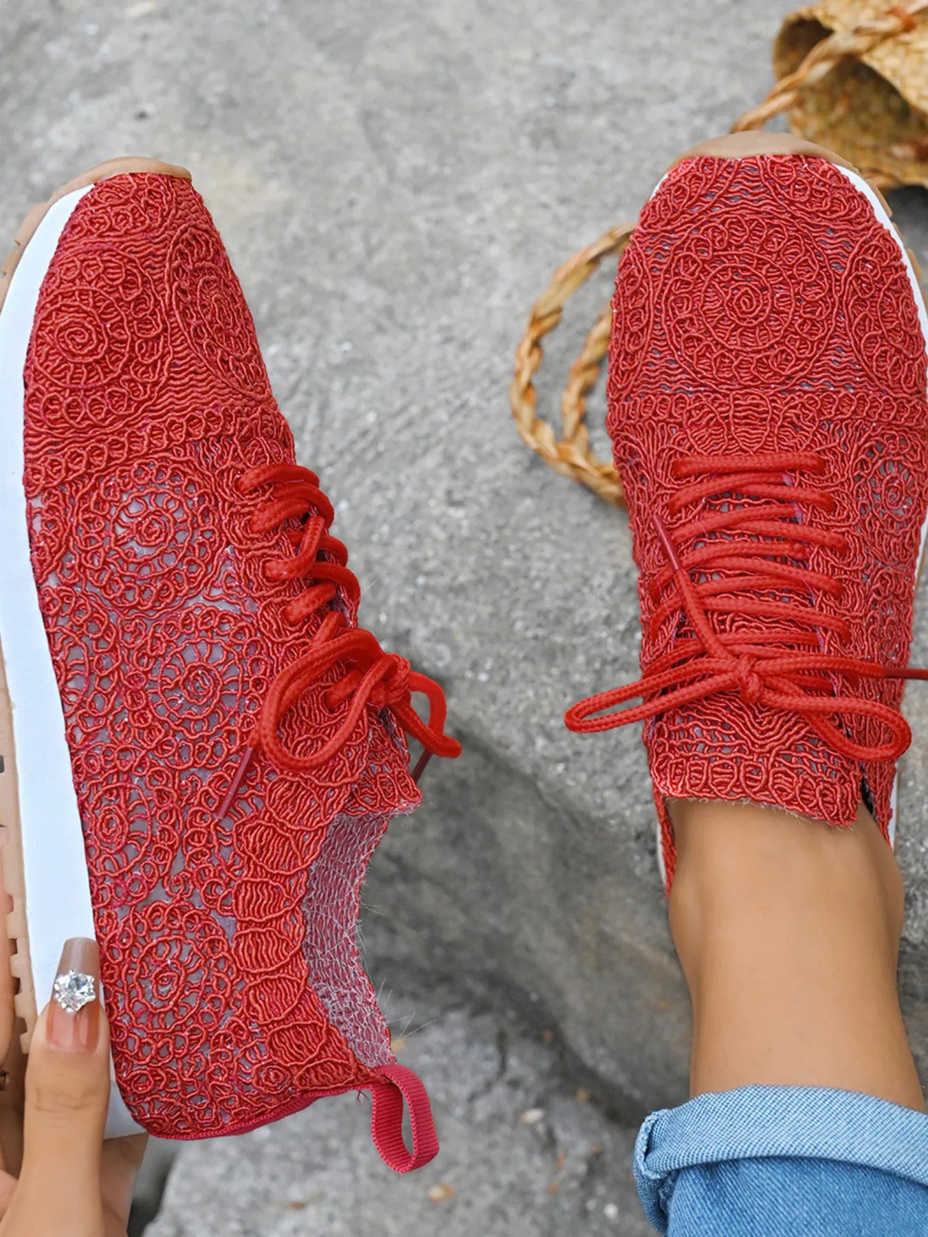 Mesh Lace Up Sneakers Red - Fashorio