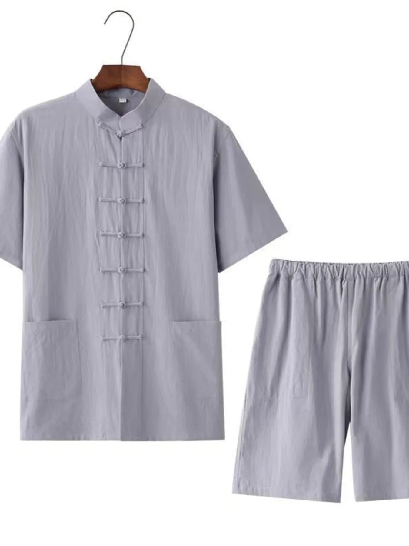 Men's Plus Size Chinese Style Top and Shorts Set Gray - Fashorio