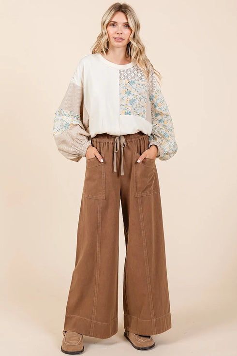 Mittoshop Mineral Wash Wide Leg Elastic Waist Twill Pants - Fashorio