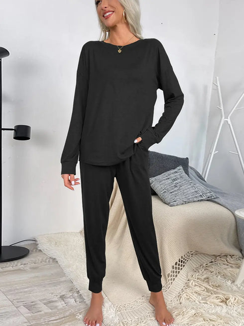 Shiny Round Neck Top and Drawstring Pants Lounge Set - Fashorio
