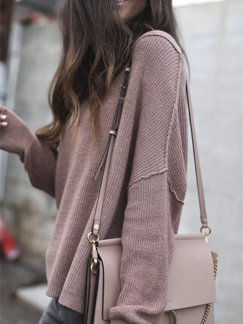 Ribbed Relaxed Fit Long Sleeve Sweater Dusty Pink - Fashorio