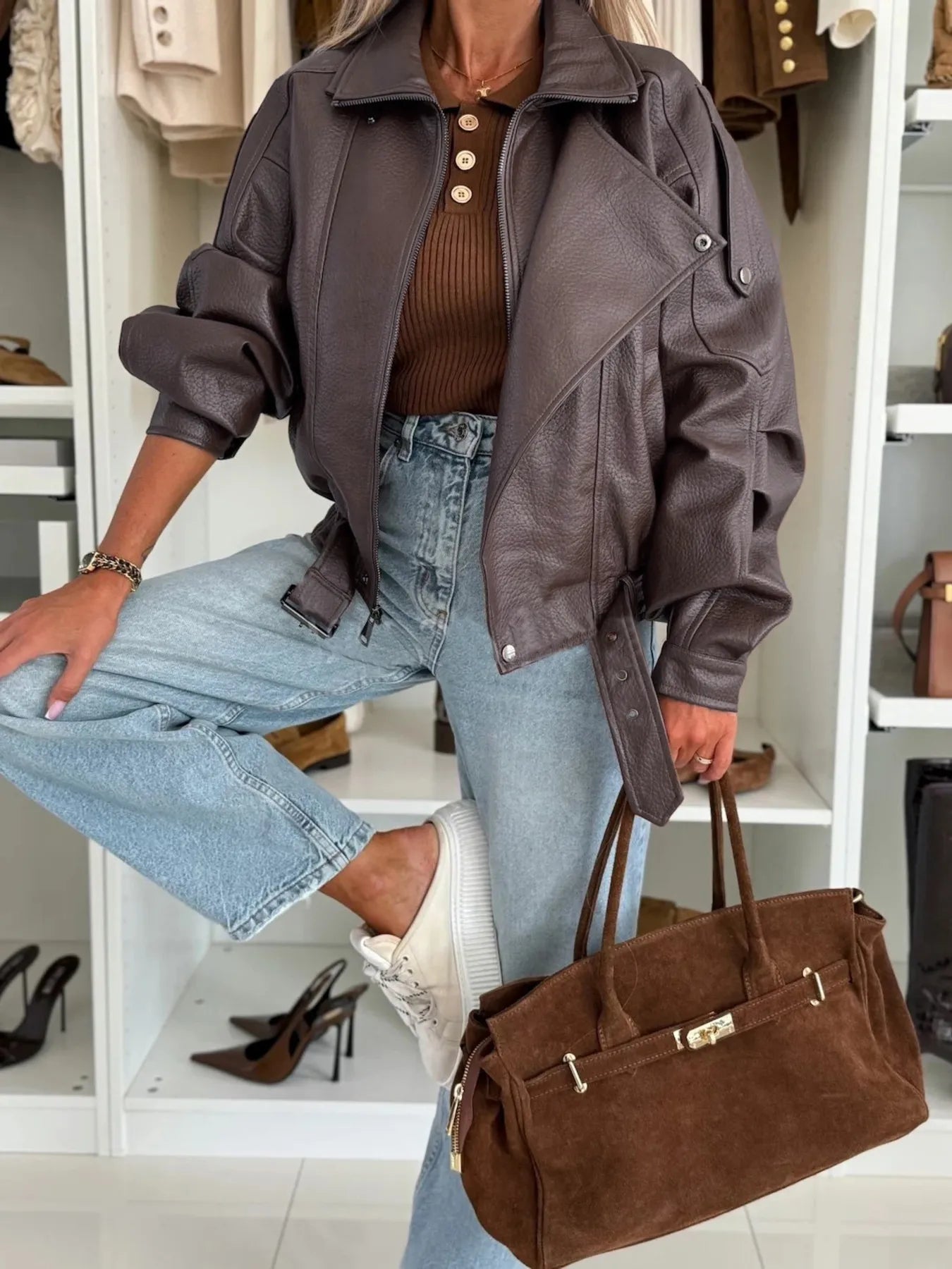 Leather Zip Up Jacket – Buttoned Faux Leather Outerwear Brown - Fashorio
