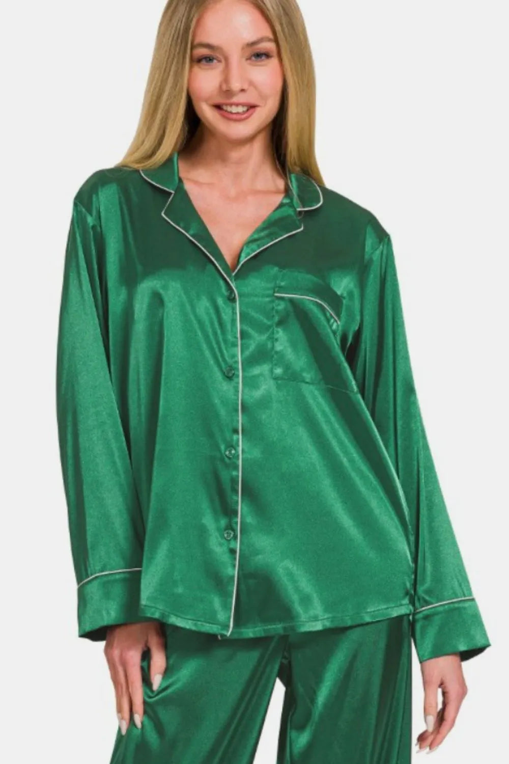 Zenana Satin Long Sleeve Shirt and Pants Pajama Set - Fashorio