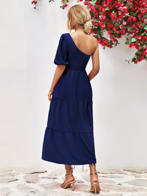 Smocked One-Shoulder Midi Dress - Fashorio