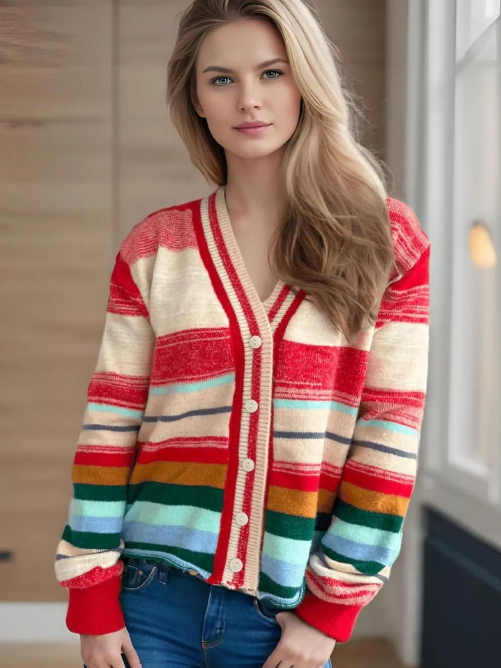 Striped Button Down V-Neck Long Sleeve Cardigan - Fashorio