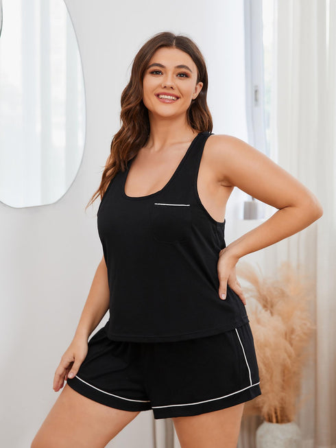 Plus Size Contrast Piping Racerback Tank and Shorts Lounge Set - Fashorio