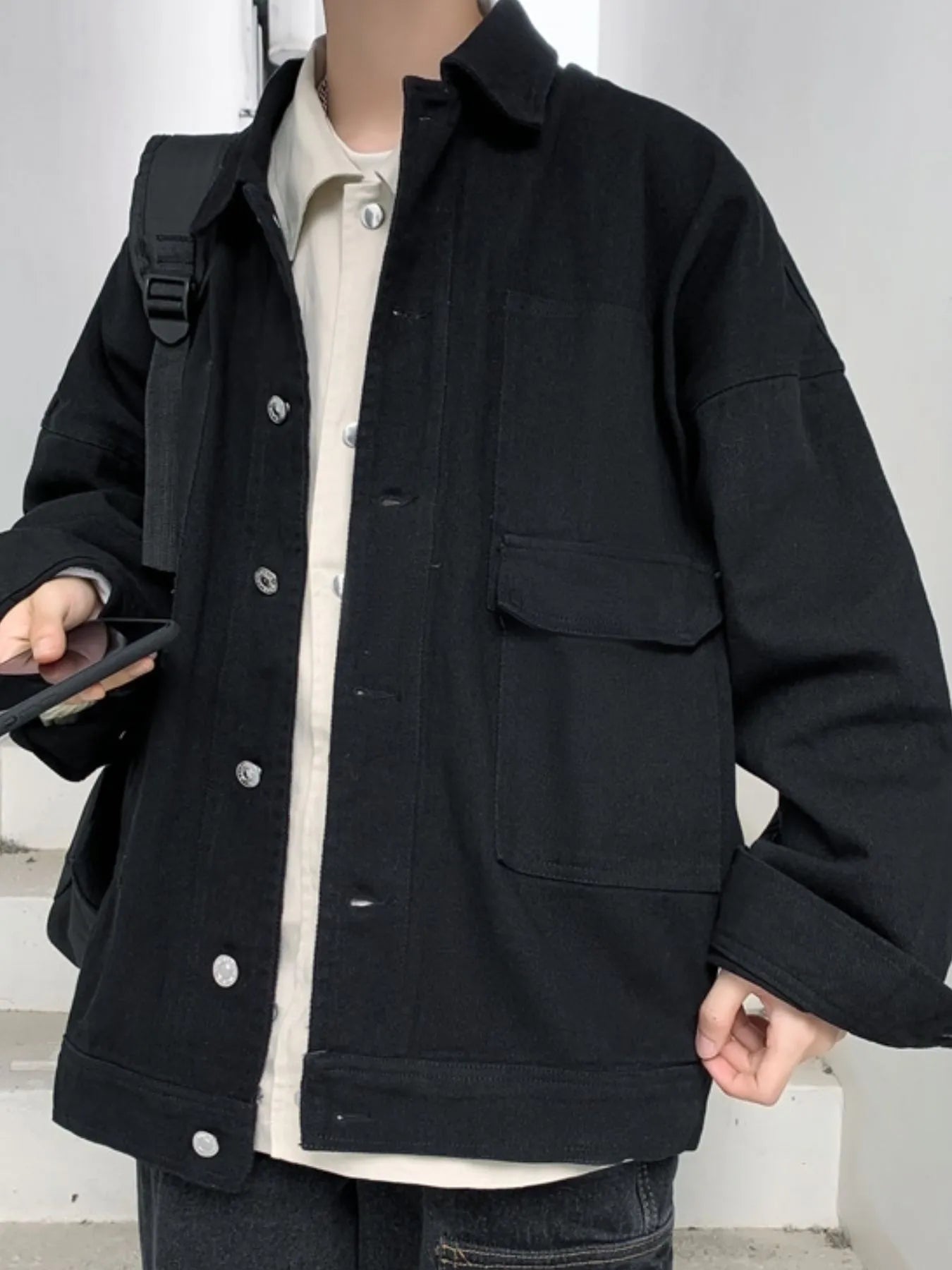 Men's Button Up Drop Shoulder Denim Jacket Black - Fashorio