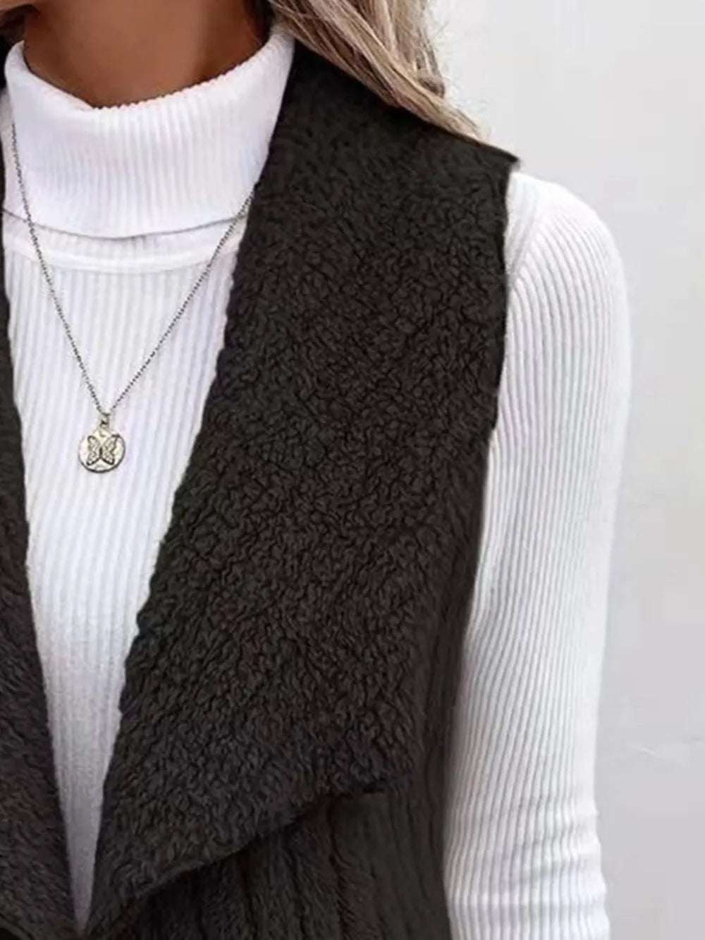 Open Front Fuzzy Vest Coat - Fashorio
