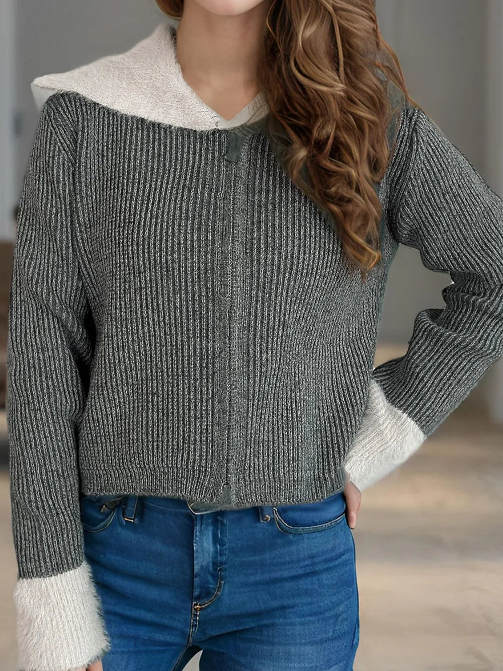 Zip Up Collared Neck Long Sleeve Cardigan - Fashorio