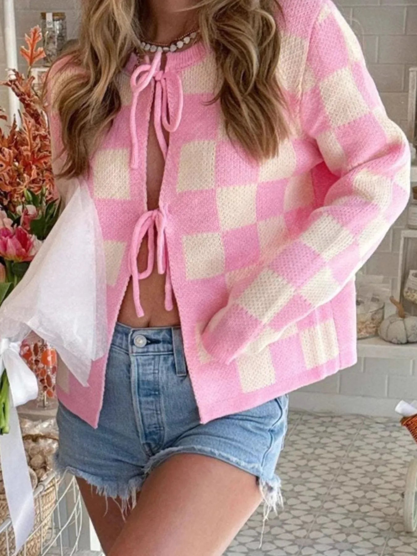 Checkered Tie-Front Cropped Cardigan - Fashorio
