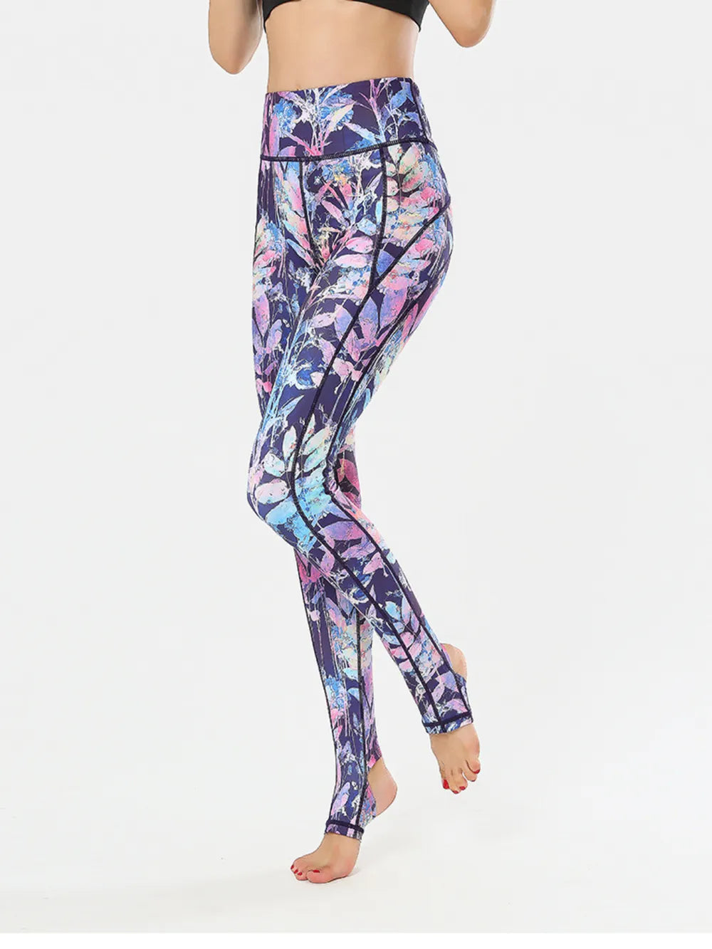 Printed Wide Waistband Active Leggings with Stirrups Lavender - Fashorio