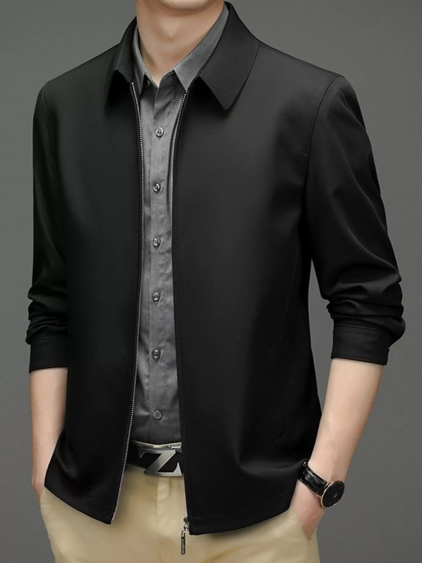 Men's Plus Size Zip Up Long Sleeve Jacket Black - Fashorio