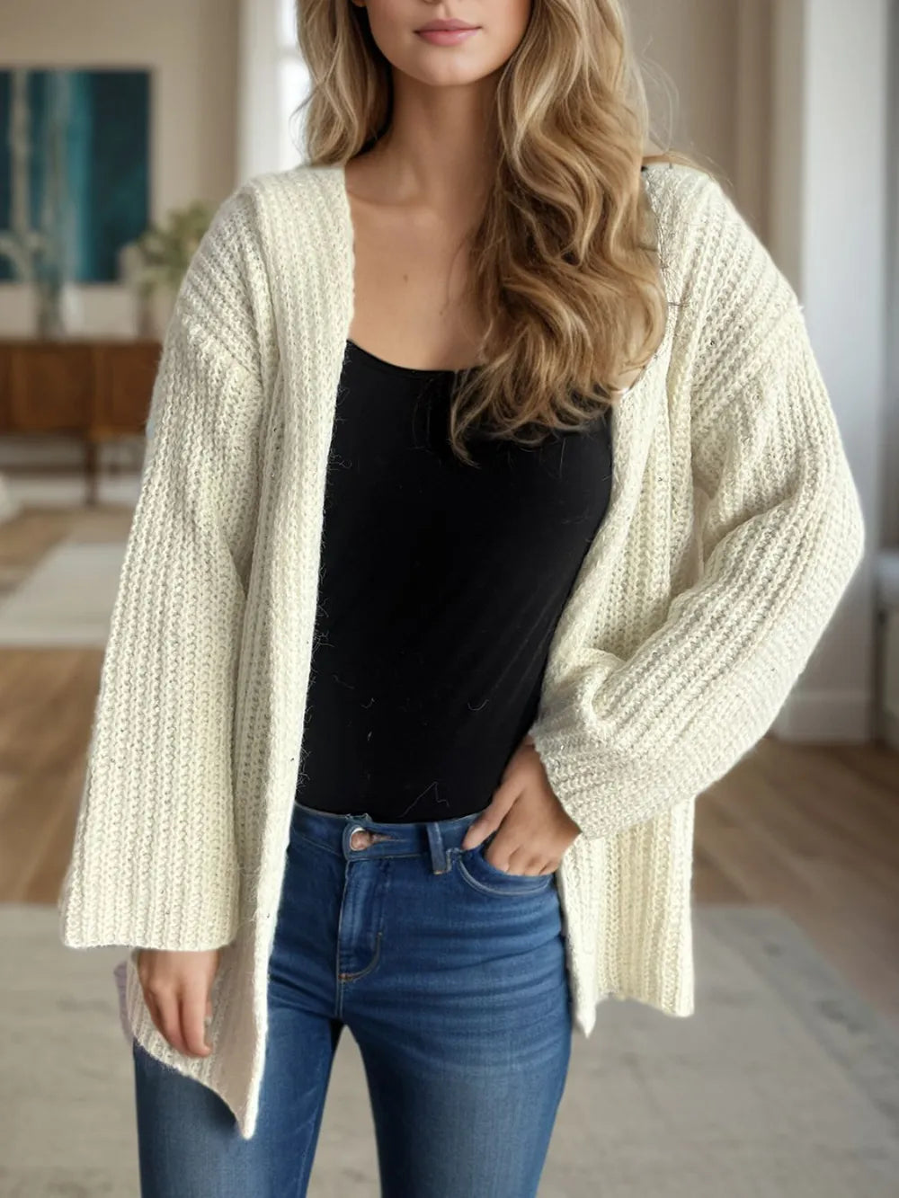 Sequin Detail Long Sleeve Hooded Cardigan White One Size - Fashorio
