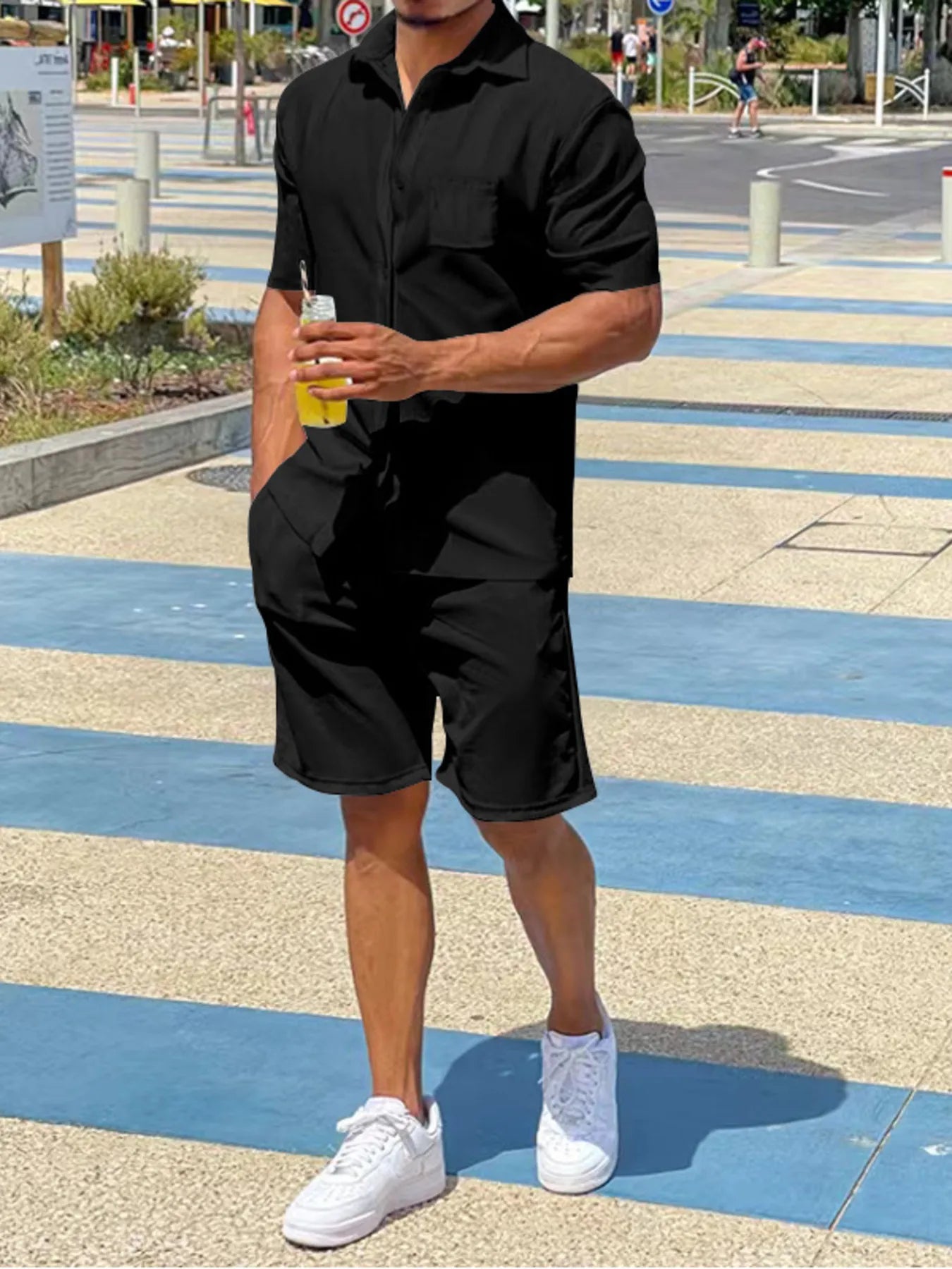 Men's Plus Size Button Up Shirt and Shorts Set Black - Fashorio