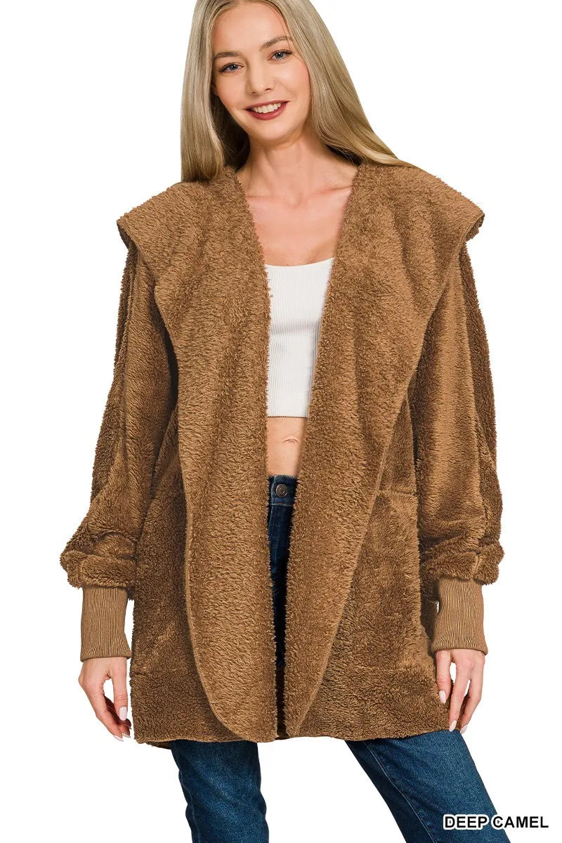 Zenana Hooded Faux Fur Jacket – Cozy Oversized Outerwear DEEP CAMEL - Fashorio