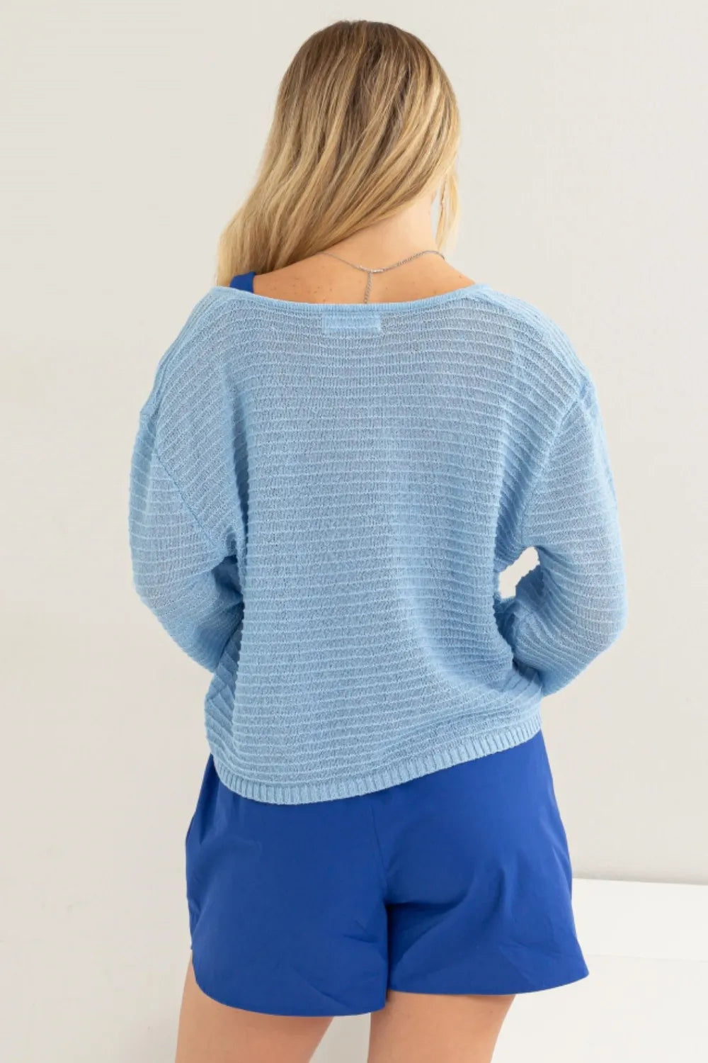 HYFVE V-Neck Stripe Texture Long Sleeve Top - Fashorio