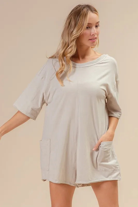 BiBi Short Sleeve Back Open Washed Romper OATMEAL - Fashorio