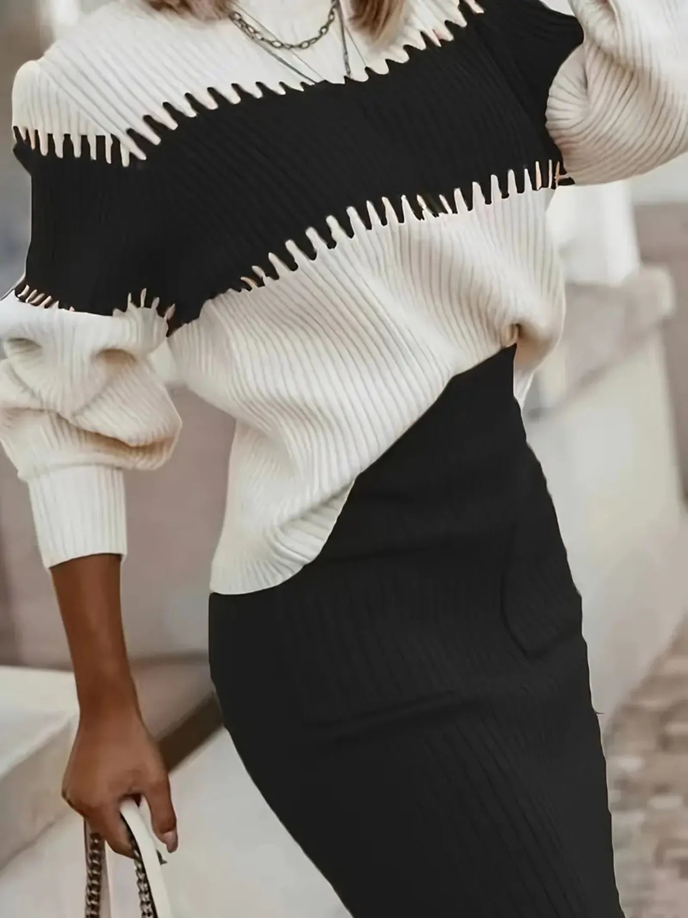Two-Tone Ribbed Knit Top and Skirt Sweater Set - Fashorio