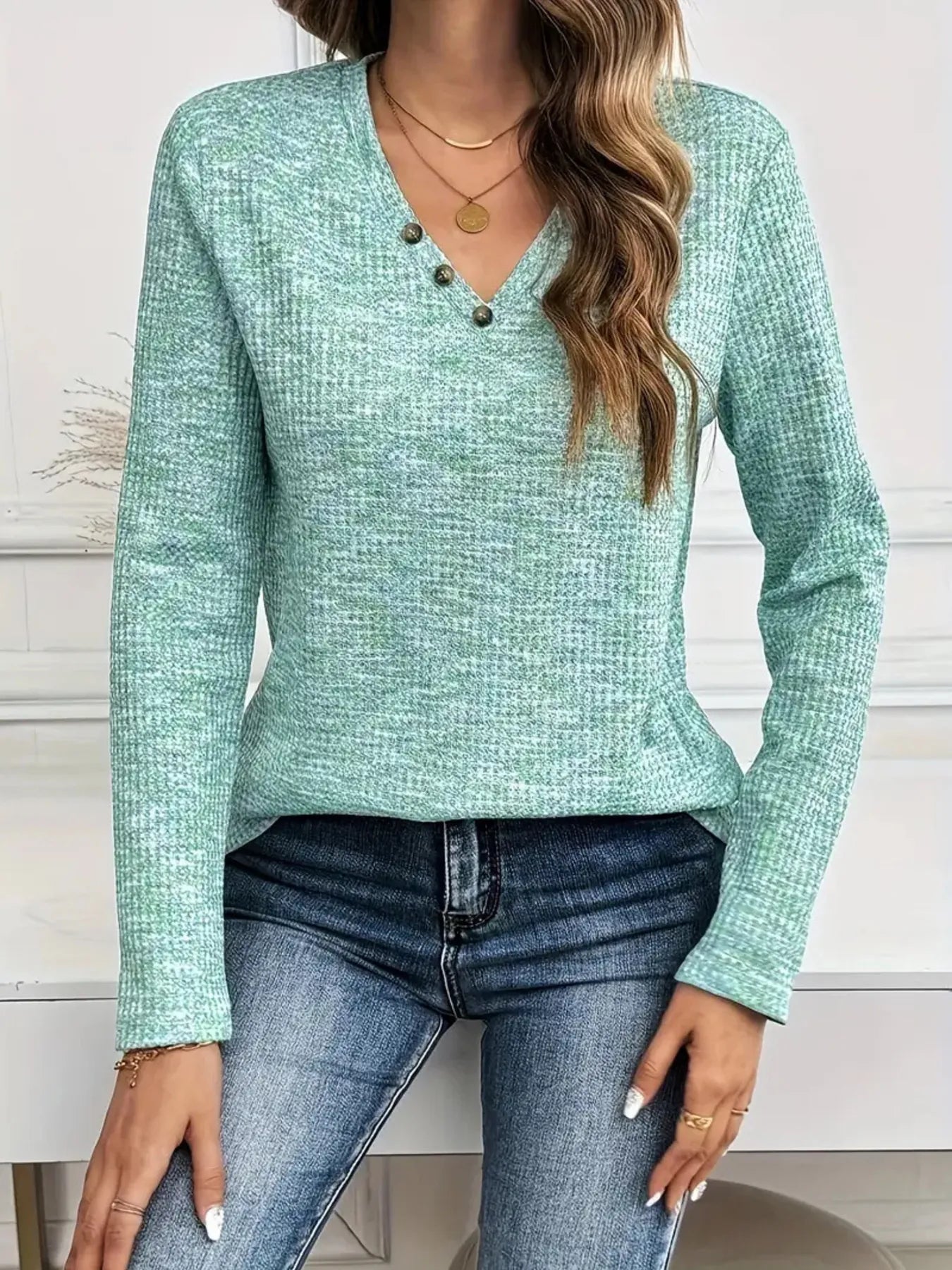 Heathered V-Neck Long Sleeve T-Shirt - Fashorio