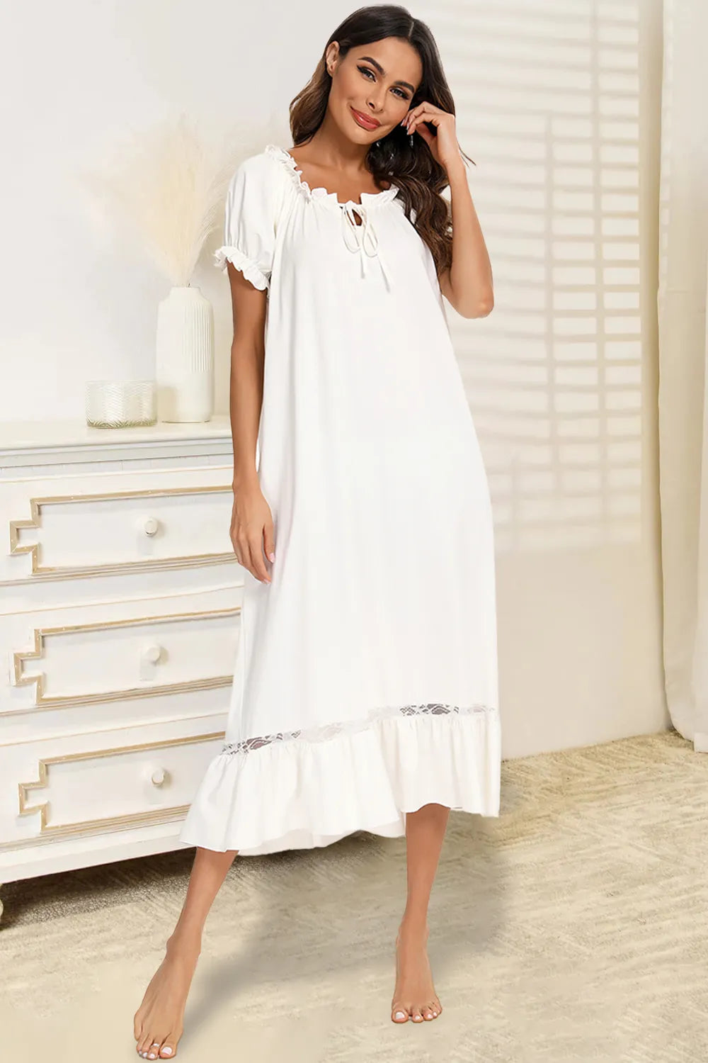 Lace Detail Short Sleeve Lounge Dress - Fashorio