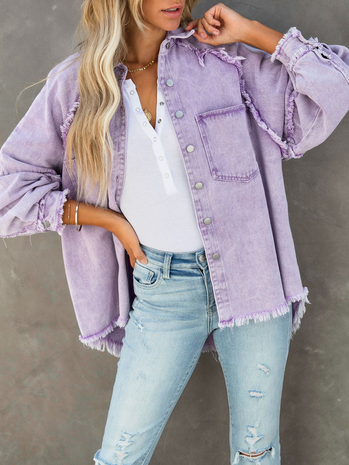 Button Down Raw Hem Denim Jacket - Fashorio