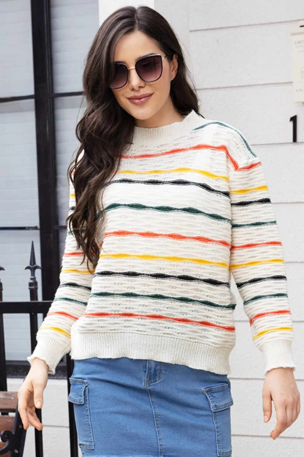 Striped Round Neck Long Sleeve Sweater - Fashorio