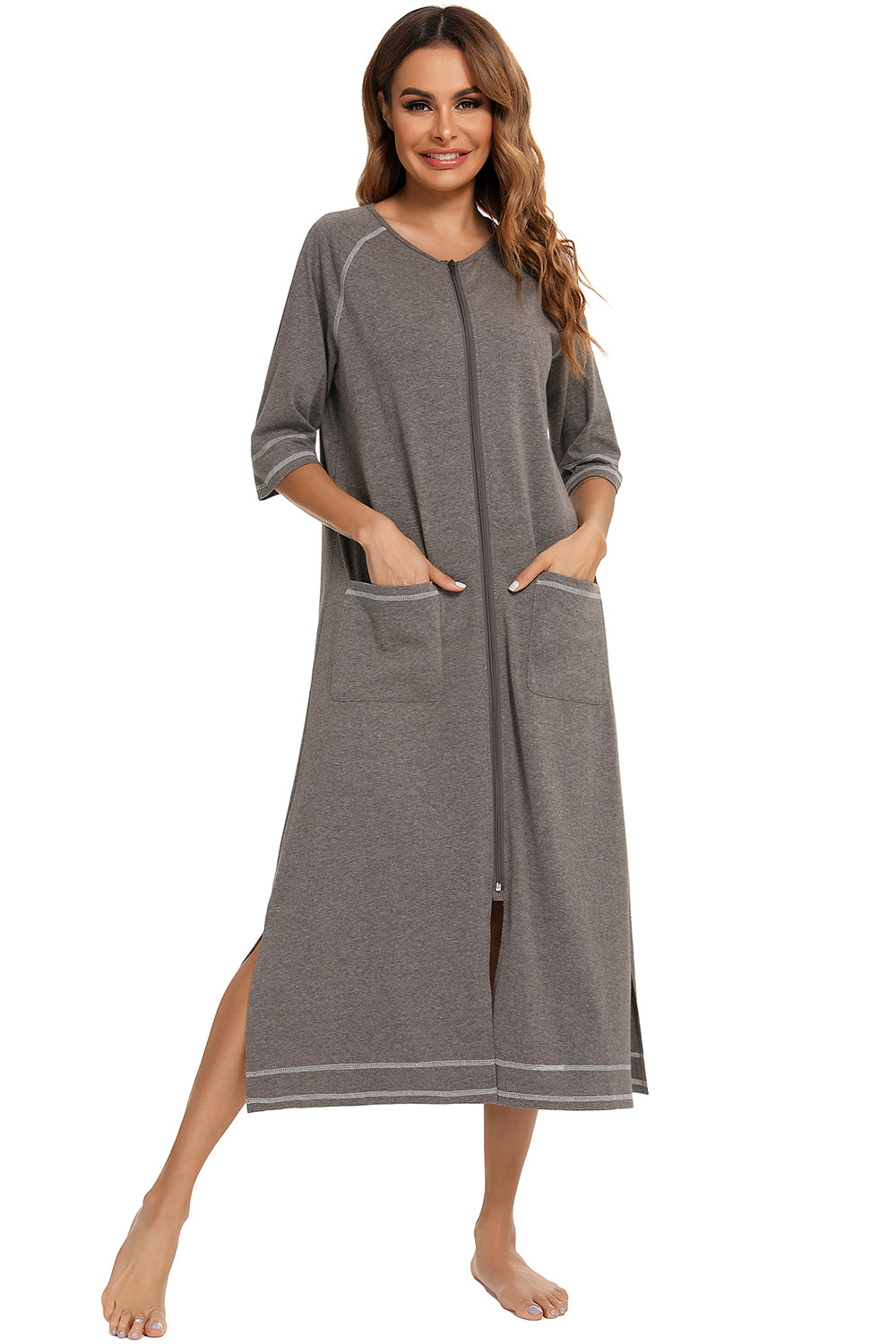 Zip Up Slit Round Neck Night Dress with Pockets - Fashorio