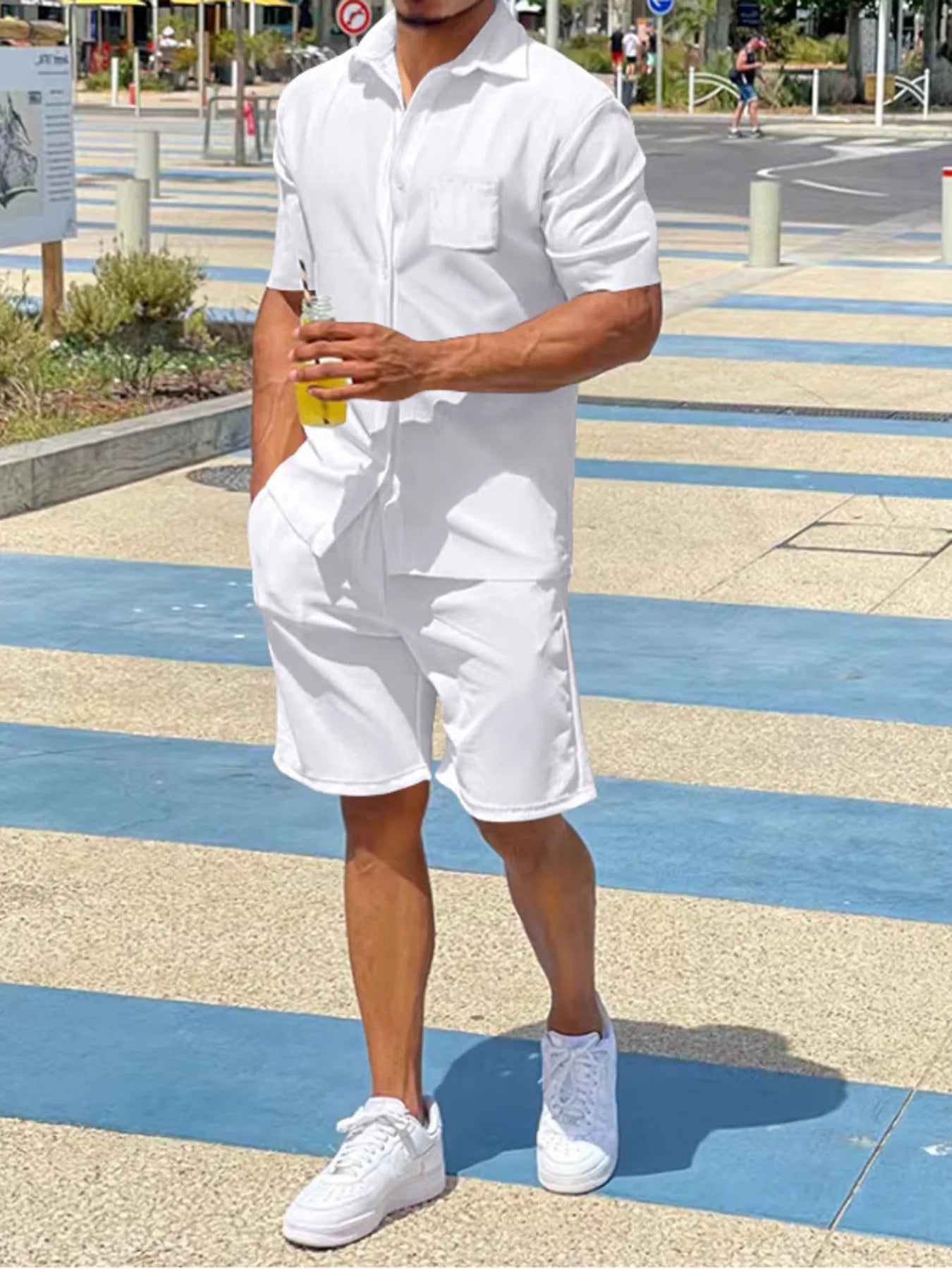 Men's Plus Size Button Up Shirt and Shorts Set White - Fashorio