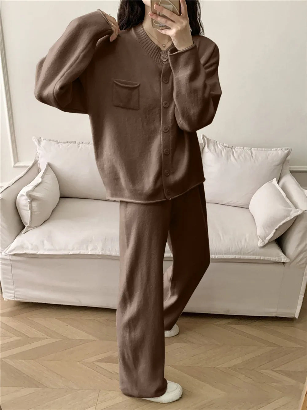 Pocketed Round Neck Button Up Cardigan and Pants Sweater Set - Fashorio