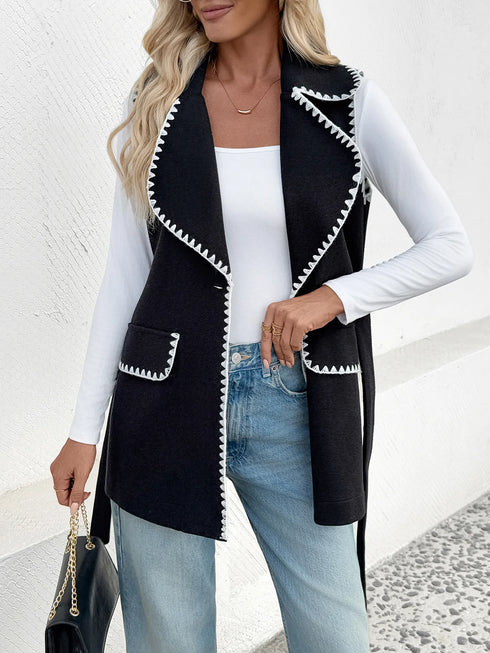 Contrast Trim Collared Neck Vest Coat Black - Fashorio
