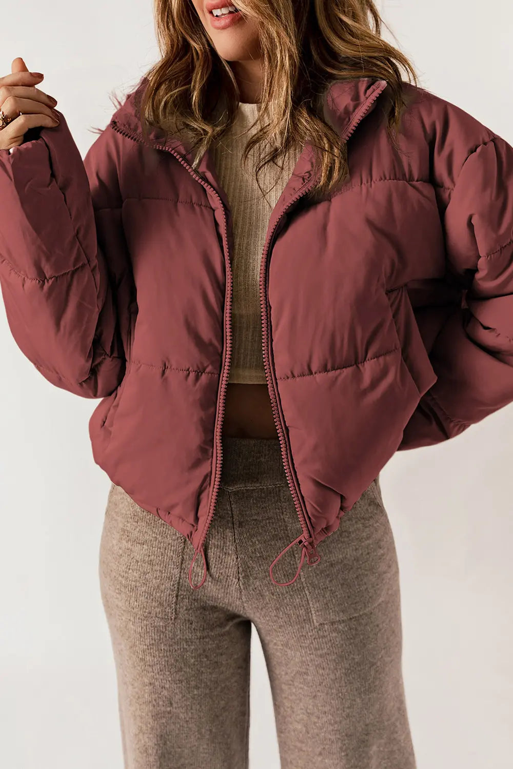 Zip Up Collared Neck Long Sleeve Winter Coat - Fashorio