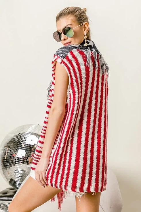 BiBi American Flag Fringe Edged Sweater Vest - Fashorio